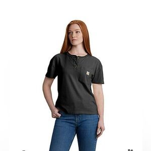NWT CARHARTT WMN'S LOOSE FIT SHORT-SLEEVE HEAVYWEIGHT HENLEY T, XL in BLACK